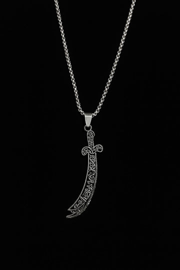 Zulfiqar Chain by Dazzle – stainless steel Islamic sword pendant necklace for men, symbol of Hazrat Ali’s bravery and faith