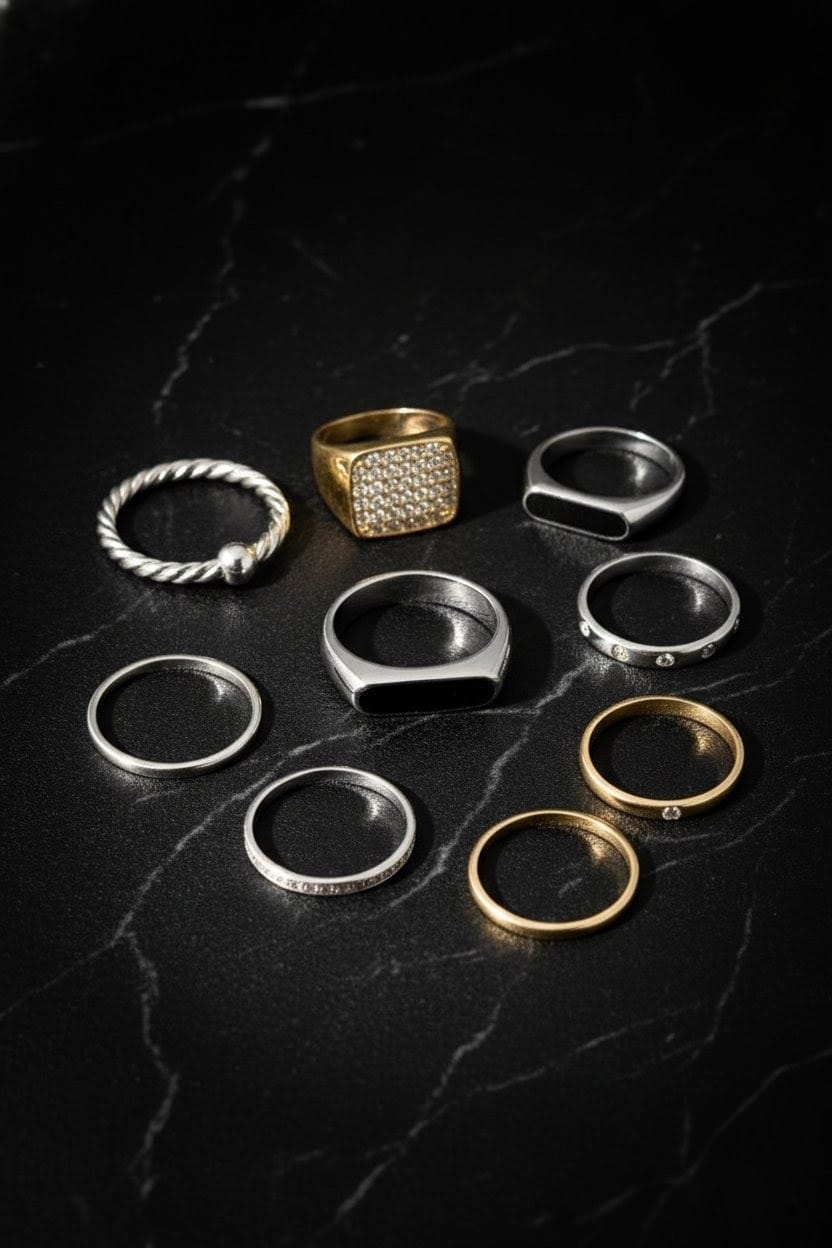 Collection of various rings on a dark marble surface