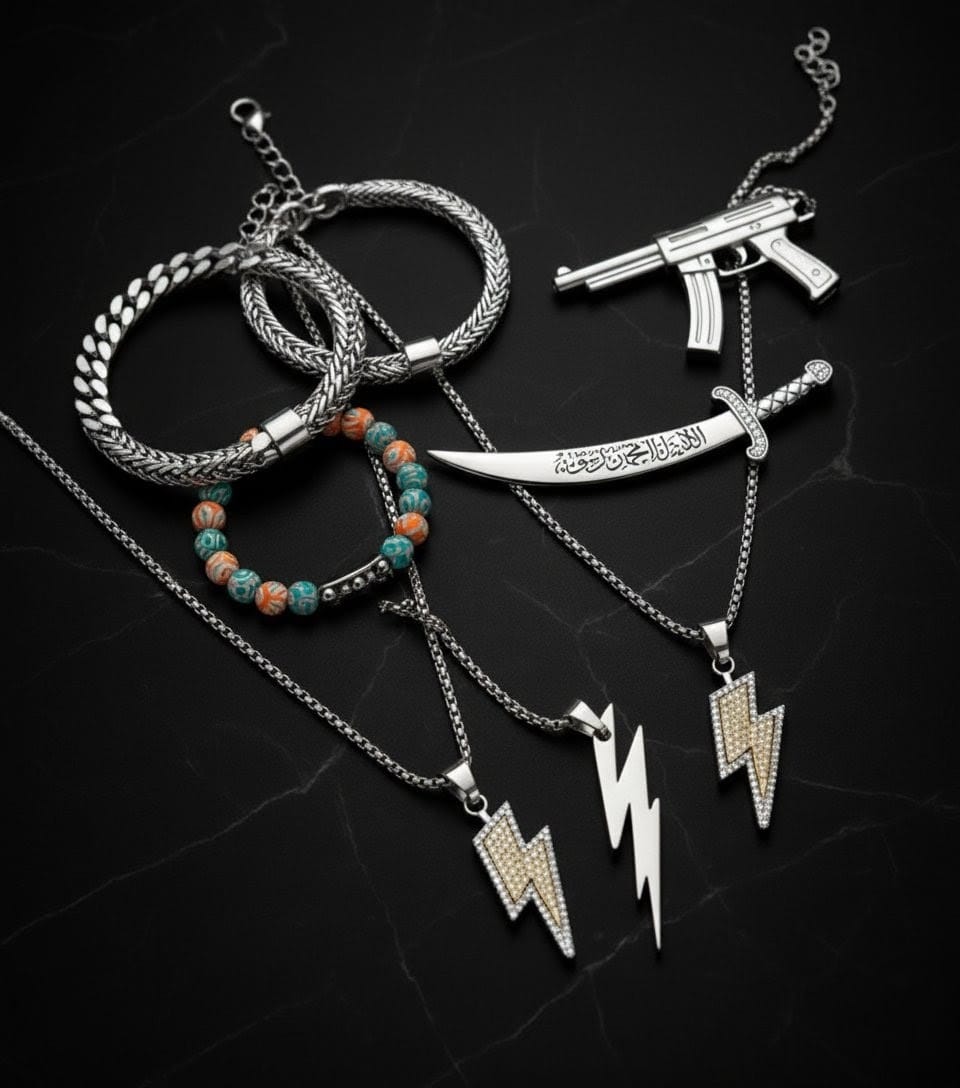 Collection of silver necklaces with various pendants on a dark background