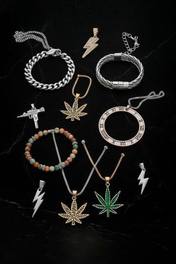 Collection of jewelry including bracelets, necklaces, and pendants on a dark background