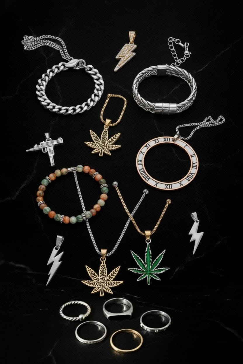 Collection of jewelry including bracelets, necklaces, and rings on a dark background