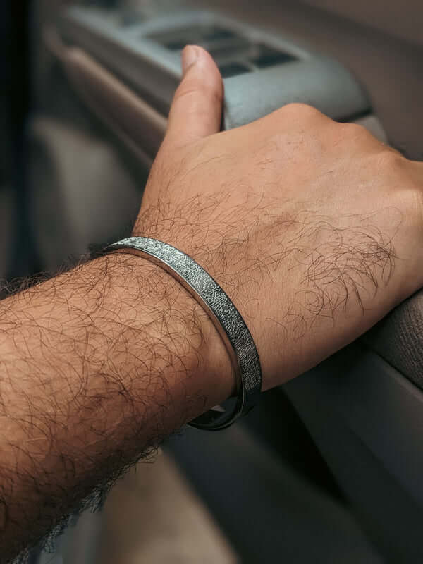 Ayat-ul-Kursi bracelet in silver color worn on wrist – Islamic calligraphy bracelet for men